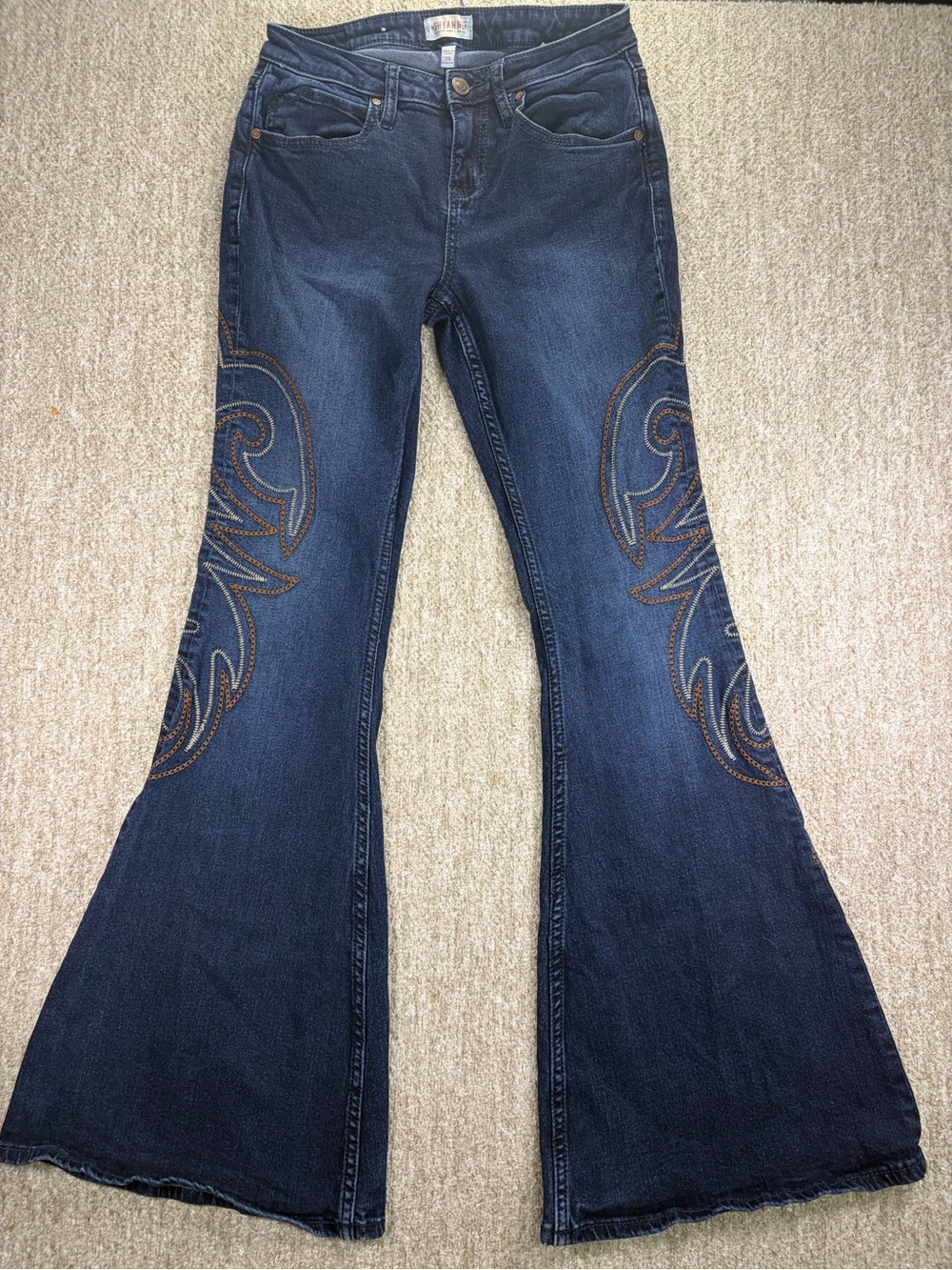 Shyanne Dark Blue Flare Jeans with Brown Embroidery